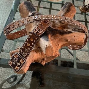 XL Nocona Belt Co Brown Studded & Rhinestones Western Leather Belt Like New